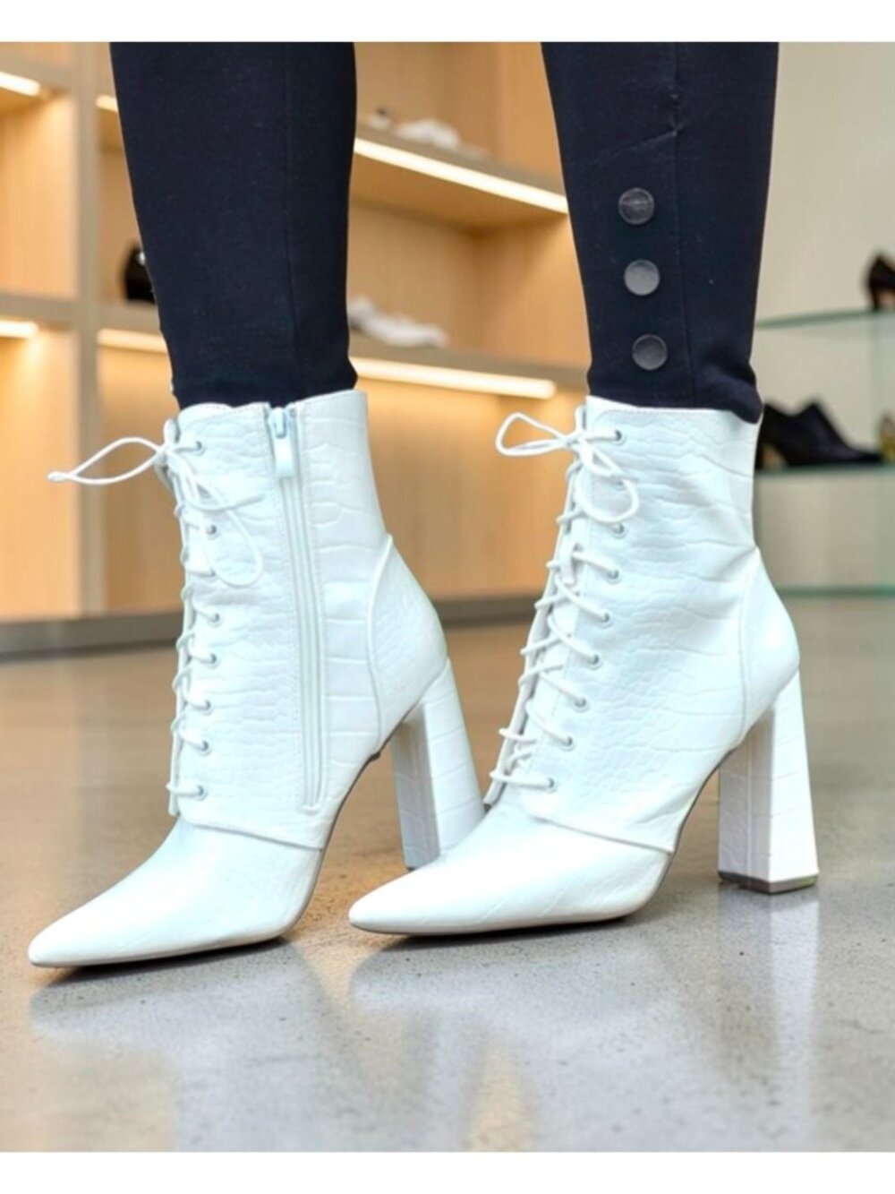 White Lace-Up Chunky Heel Ankle Boots With Croc-Embossed Texture & Side Zipper D